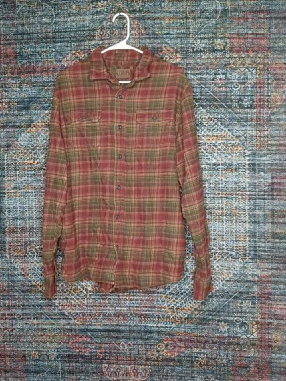 Orvis mens red green beige plaid heavyweight hunting work flannel L - Picture 2 of 12